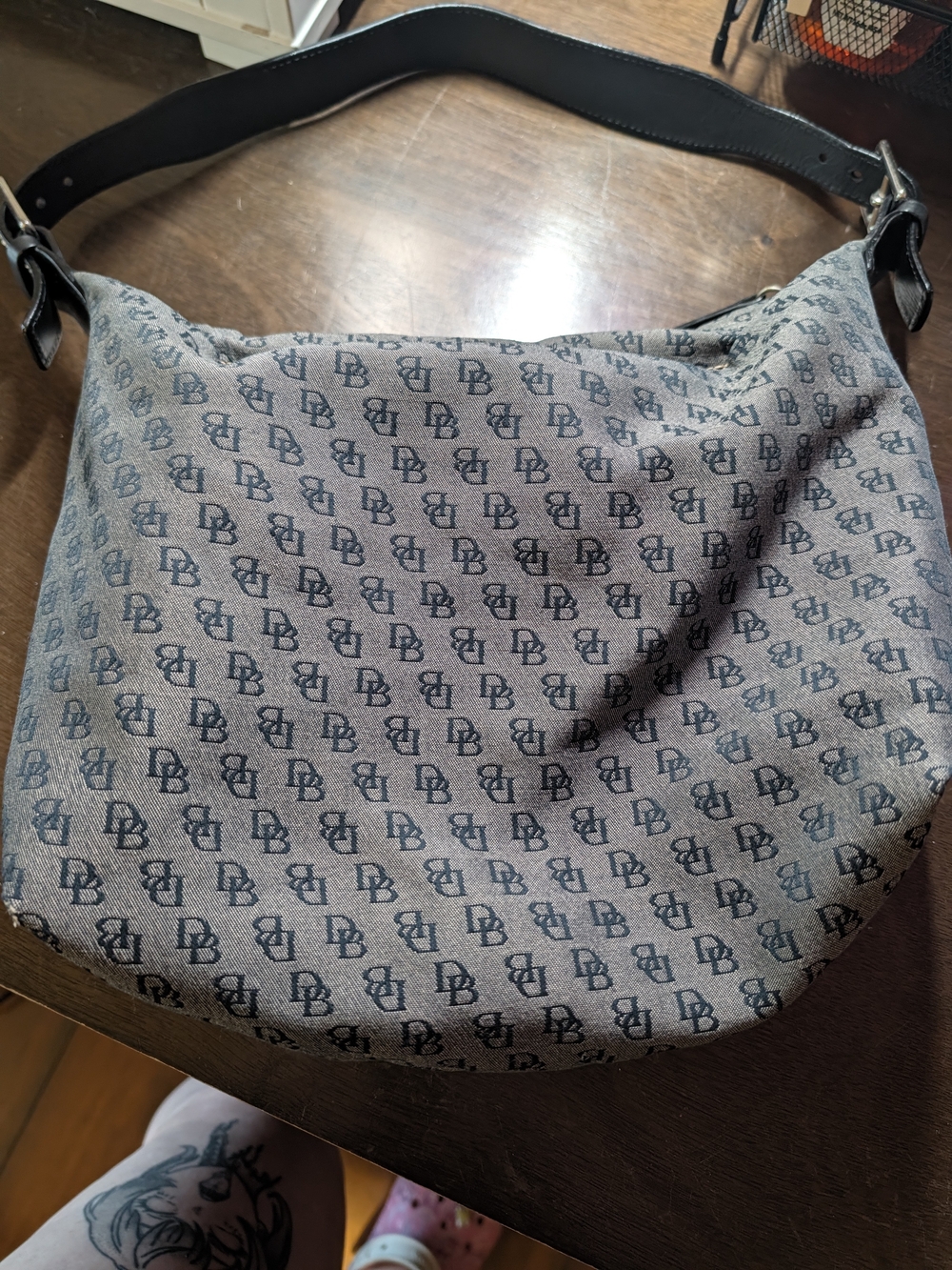 Vintage Dooney & Bourke Signature DB Monogram Canvas Hobo Shoulder Bag Greyblack